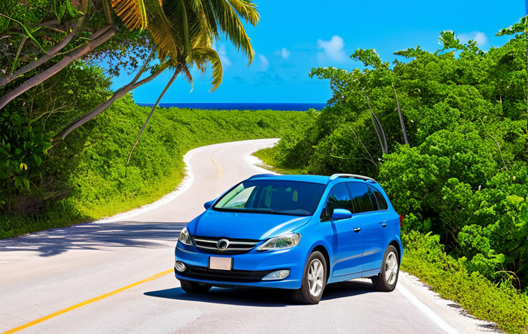 **

"Scenic coastal road in Eleuthera, Bahamas. A compact rental car, bright blue, is driving along a winding road hugging the coastline. Pink sand beach visible in the background. Lush tropical vegetation on either side of the road.  Sunny day, clear blue sky.  Photorealistic, high detail, vibrant colors, safe for work, appropriate content, fully clothed tourists visible in the car, professional photography, perfect anatomy, natural proportions, modest setting, family-friendly."

**