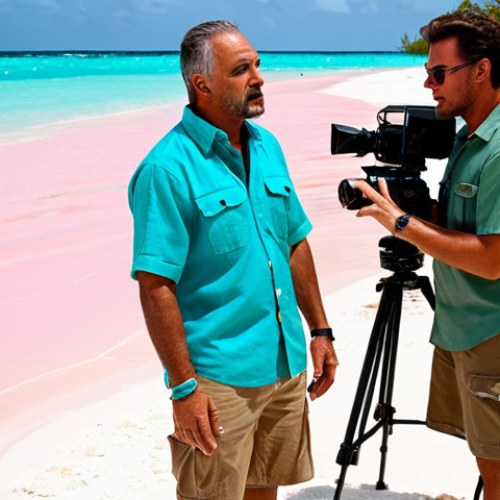 **

"A film crew shooting on a pink sand beach in the Bahamas. The director, fully clothed in a safari shirt and khaki pants, is giving instructions to the actors. Crystal clear turquoise water and palm trees are visible in the background. Safe for work, appropriate content, fully clothed, professional film shoot, perfect anatomy, natural proportions, high quality."

**