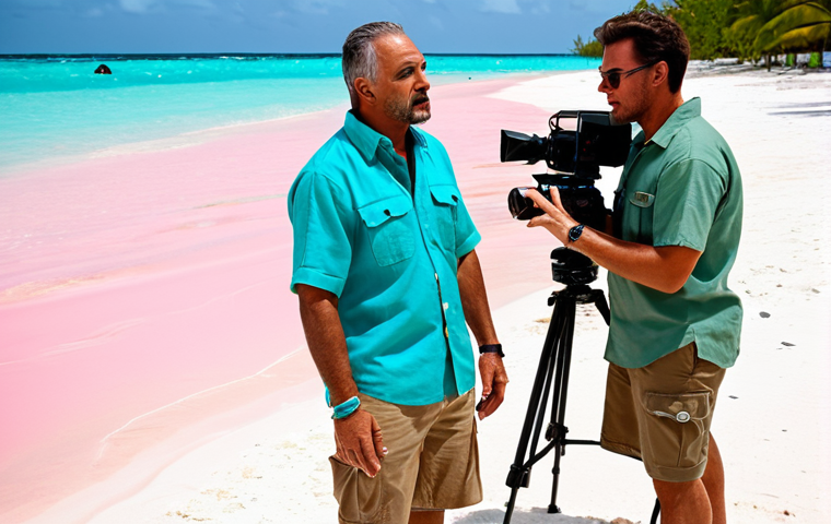 **

"A film crew shooting on a pink sand beach in the Bahamas. The director, fully clothed in a safari shirt and khaki pants, is giving instructions to the actors. Crystal clear turquoise water and palm trees are visible in the background. Safe for work, appropriate content, fully clothed, professional film shoot, perfect anatomy, natural proportions, high quality."

**