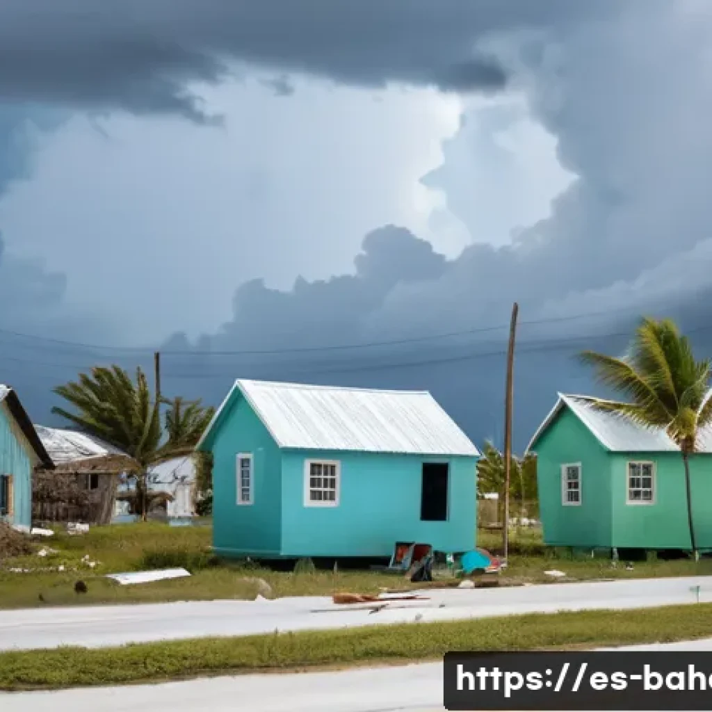바하마의 기후 변화와 환경 문제 - A vibrant coastal Bahamian village scene showing damaged homes with visible roof repairs and boarded...