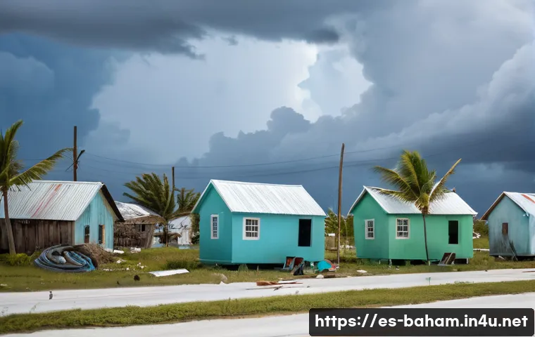 바하마의 기후 변화와 환경 문제 - A vibrant coastal Bahamian village scene showing damaged homes with visible roof repairs and boarded...