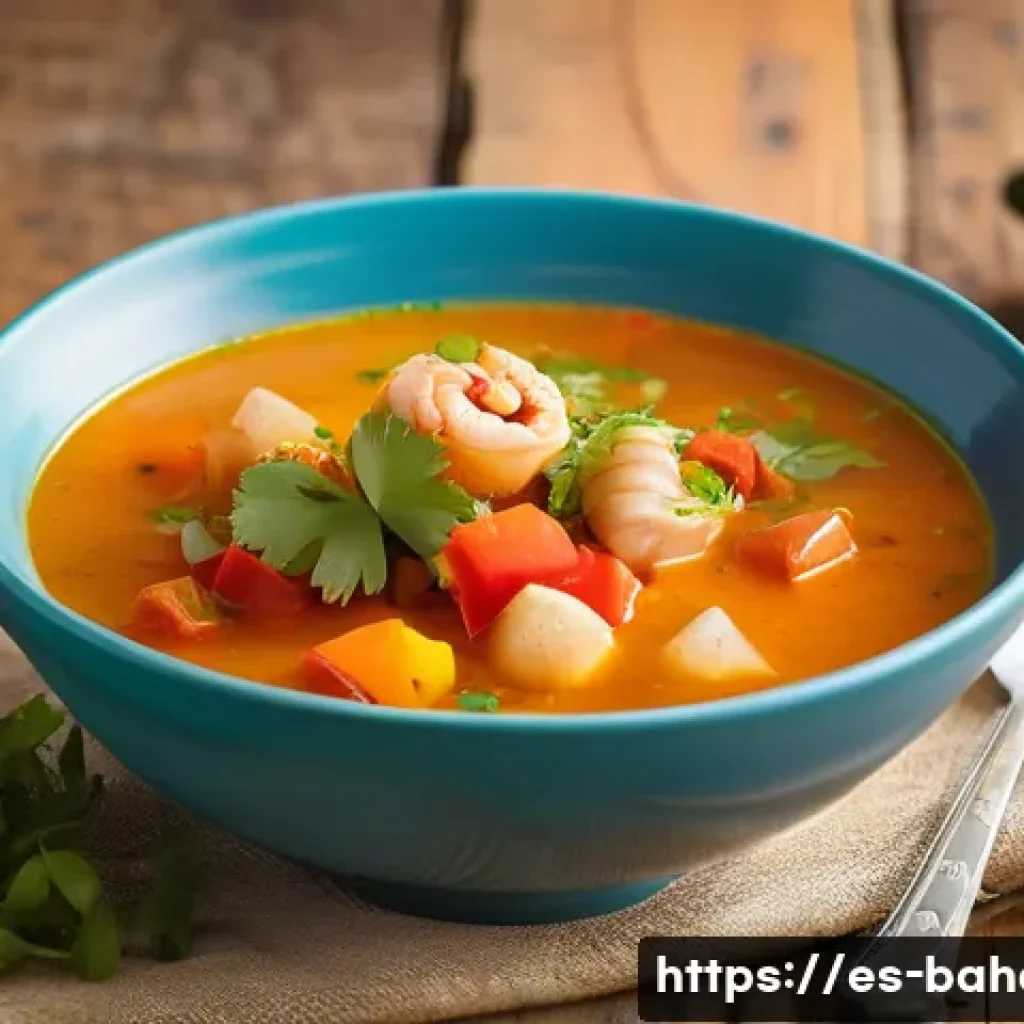바하마 콘크 수프 맛집 - A vibrant, close-up image of a traditional Bahamian conch soup served in a deep bowl, showcasing ten...