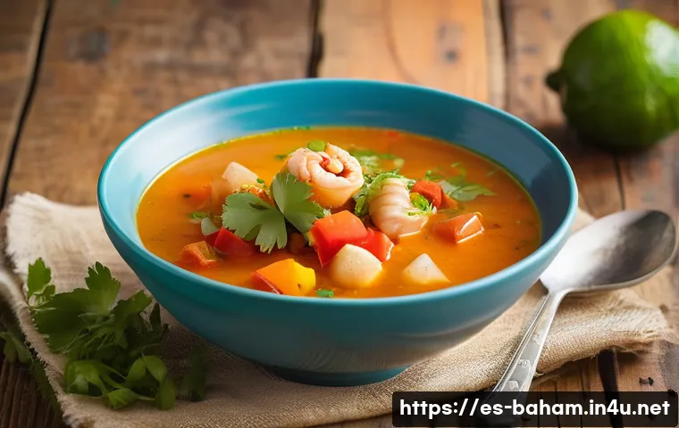 바하마 콘크 수프 맛집 - A vibrant, close-up image of a traditional Bahamian conch soup served in a deep bowl, showcasing ten...