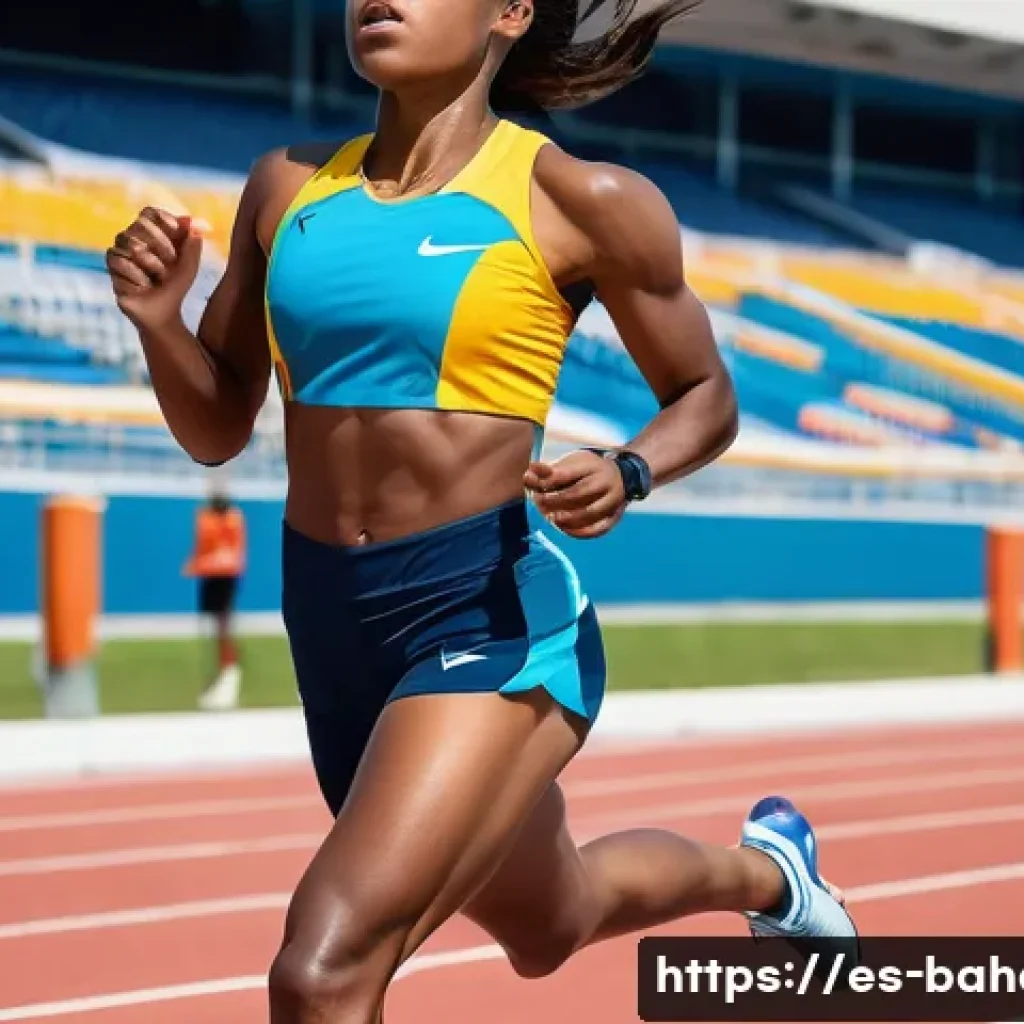 바하마 출신 운동선수 - A dynamic scene of a Bahamian female sprinter in mid-stride during a 400-meter race on an outdoor tr...