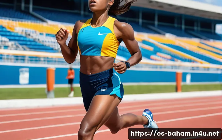 바하마 출신 운동선수 - A dynamic scene of a Bahamian female sprinter in mid-stride during a 400-meter race on an outdoor tr...