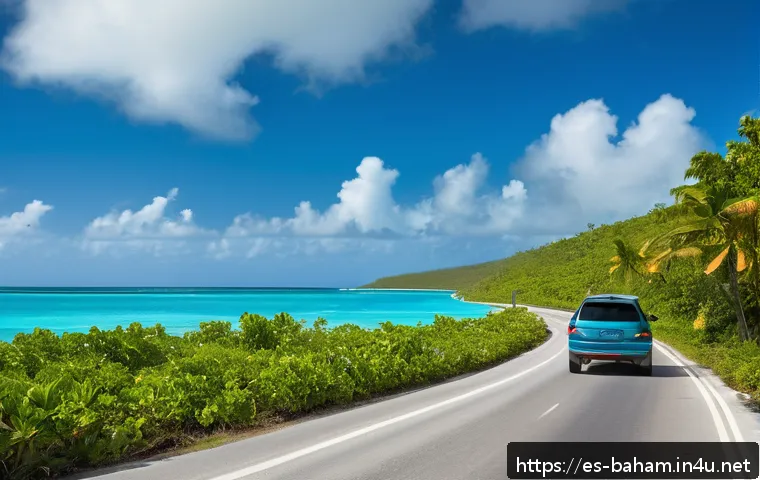 바하마에서 운전할 때 주의할 점 - A scenic Bahamian road winding along turquoise coastal waters under a bright sunny sky, with a moder...