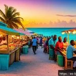 바하마 로컬 음식 추천 - A vibrant Bahamian street food market scene at sunset, featuring colorful stalls with fresh seafood ...
