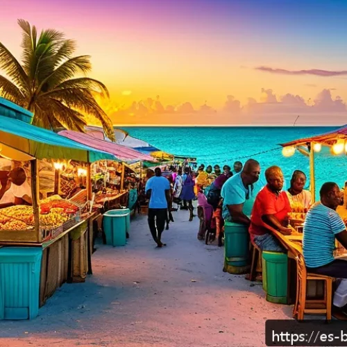 바하마 로컬 음식 추천 - A vibrant Bahamian street food market scene at sunset, featuring colorful stalls with fresh seafood ...