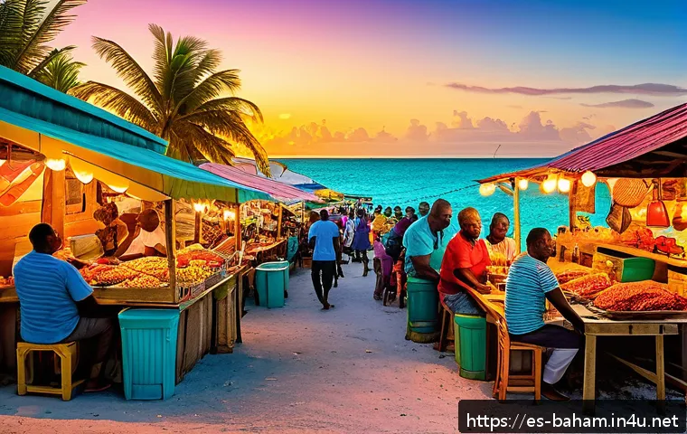 바하마 로컬 음식 추천 - A vibrant Bahamian street food market scene at sunset, featuring colorful stalls with fresh seafood ...