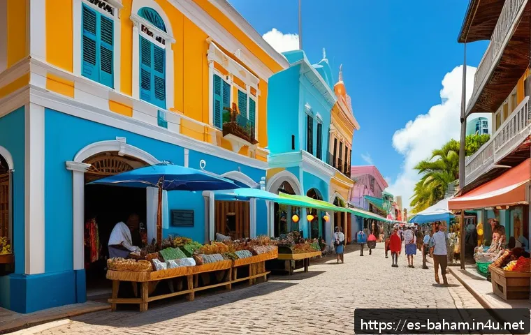 바하마 나소 여행 - A vibrant street scene in Nassau&rsquo;s historic downtown, showcasing colorful colonial buildings with or...