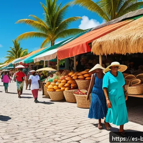 바하마 면세 쇼핑 가이드 - A vibrant and bustling duty free shopping market scene in Nassau, Bahamas, featuring colorful Straw ...