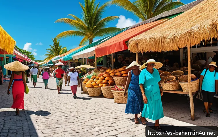 바하마 면세 쇼핑 가이드 - A vibrant and bustling duty free shopping market scene in Nassau, Bahamas, featuring colorful Straw ...
