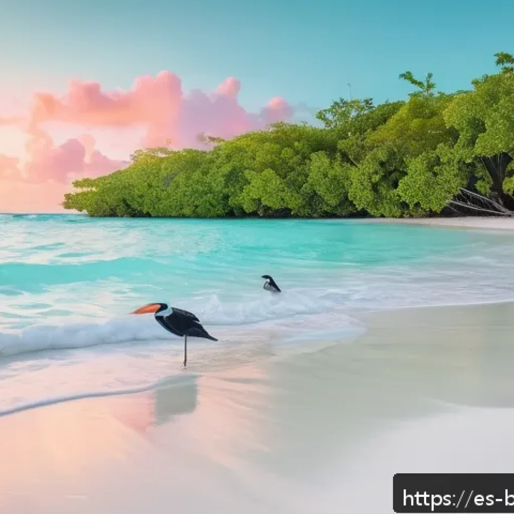 바하마 관광 필수 코스 - A serene hidden beach in the Bahamas at sunrise, featuring soft pink sand and crystal-clear turquois...