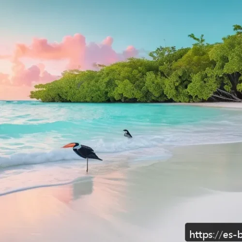 바하마 관광 필수 코스 - A serene hidden beach in the Bahamas at sunrise, featuring soft pink sand and crystal-clear turquois...