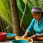 바하마 원주민의 현재 생활 - A vibrant scene depicting indigenous Bahamian artisans weaving baskets and hats using natural fibers...