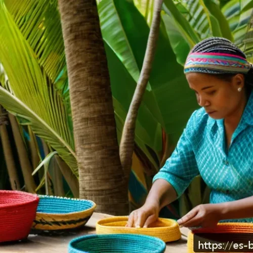 바하마 원주민의 현재 생활 - A vibrant scene depicting indigenous Bahamian artisans weaving baskets and hats using natural fibers...