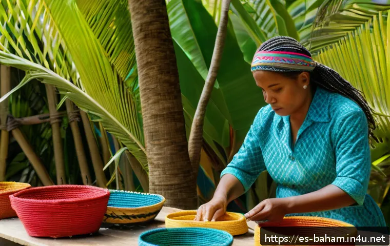 바하마 원주민의 현재 생활 - A vibrant scene depicting indigenous Bahamian artisans weaving baskets and hats using natural fibers...