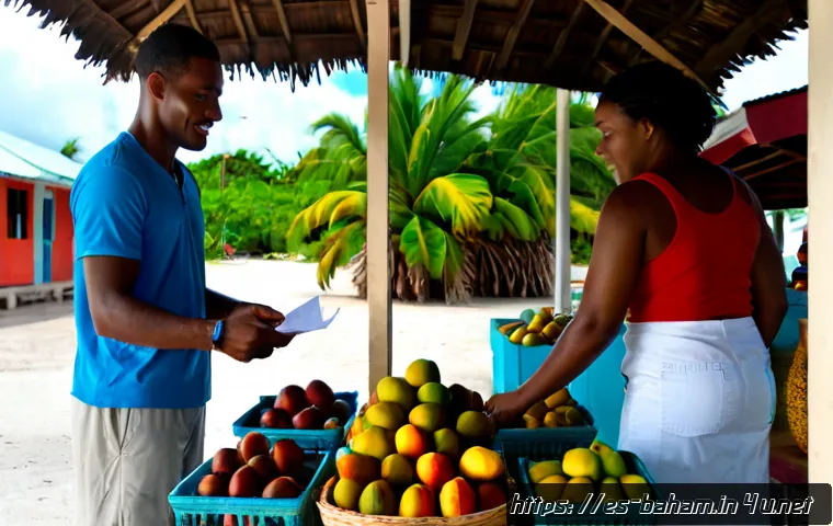 바하마 로컬 마켓 탐방 - Photorealistic morning scene at a colorful Bahamian local market, a friendly Spanish-speaking touris...